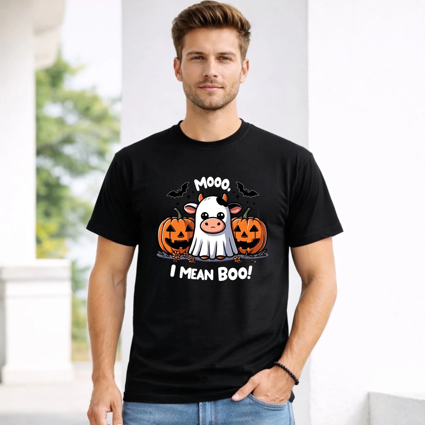 Koszulka męska na Halloween - Mooo I mean Boo! - z dynią i duchem HL14