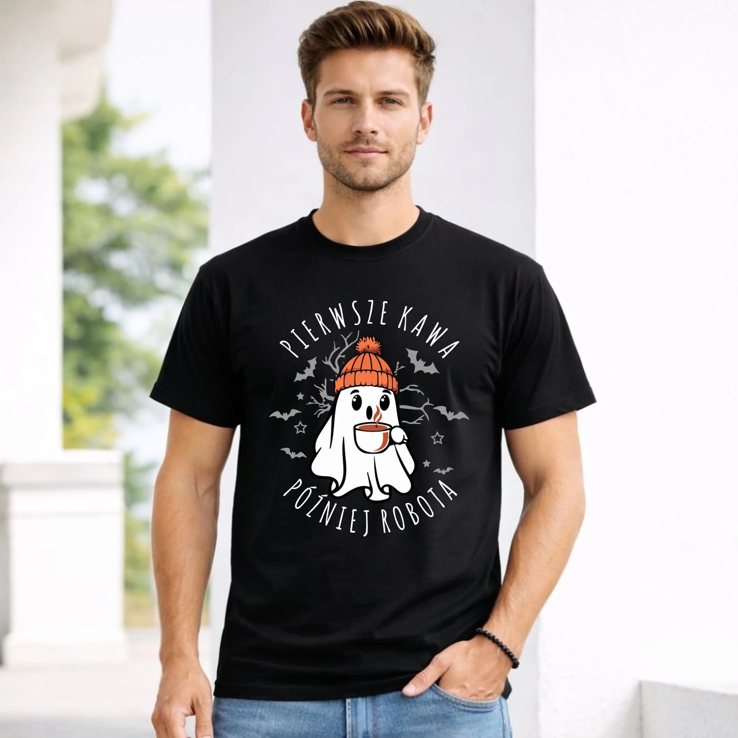 Koszulka męska halloweenowa - Duch z kawą - Pierwsze kawa później robota HL01