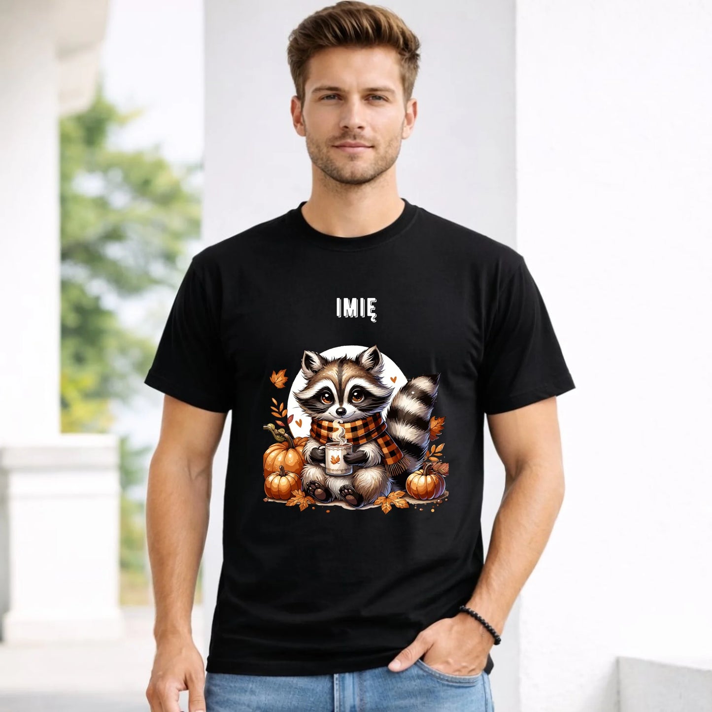 Koszulka męska jesienna – Szop z kawą i dyniami - personalizowana JS16