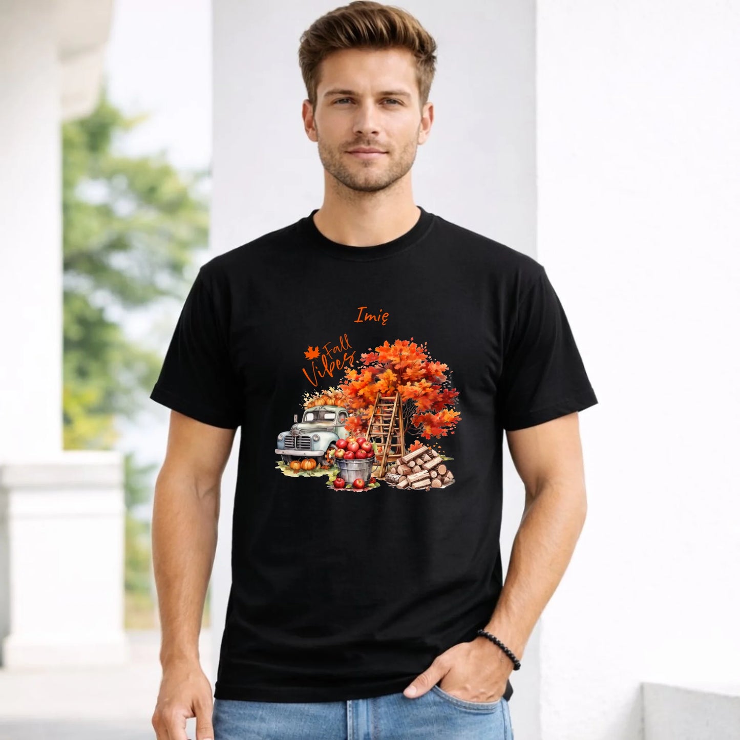 Koszulka męska jesienna – Vintage auto dynie i jabłka – personalizowana JS07