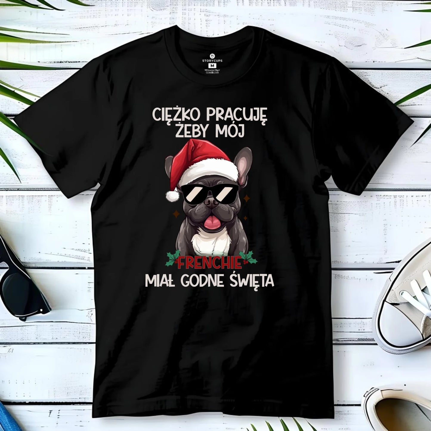 Koszulka męska świąteczna - Buldożek Francuski - Ciężko pracuję, żeby mój frenchie miał godne święta BN109