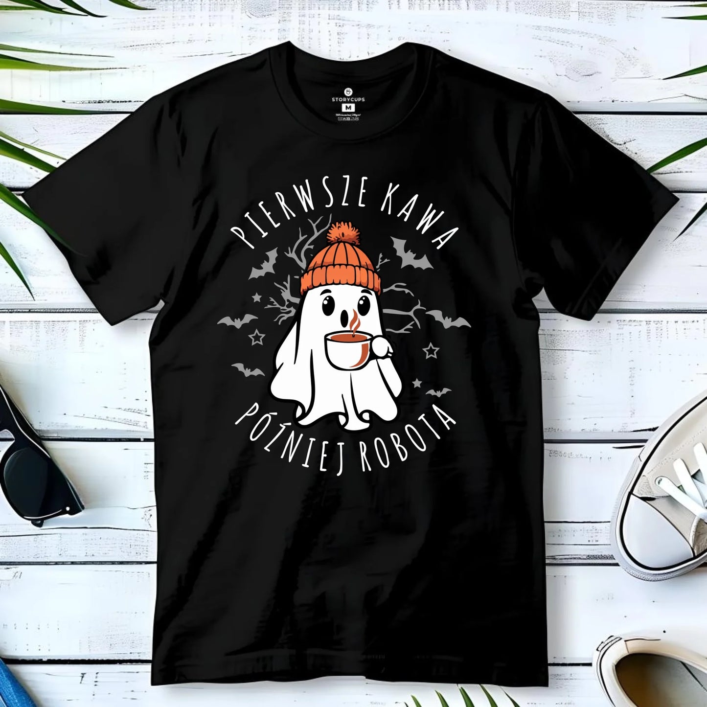 Koszulka męska halloweenowa - Duch z kawą - Pierwsze kawa później robota HL01