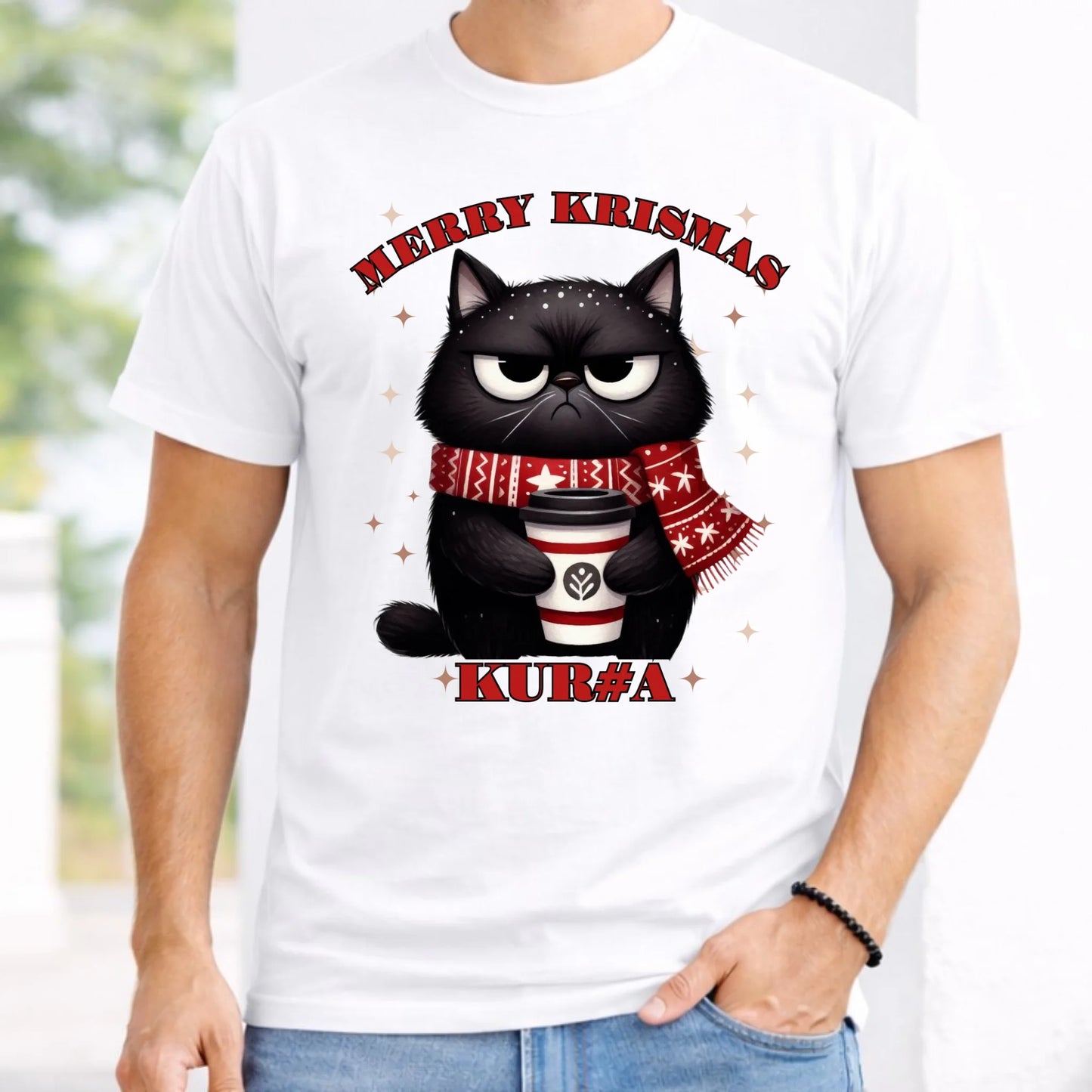 Koszulka męska świąteczna - Zburczany kot Merry Krismas kur#a - bez cenzury BN34