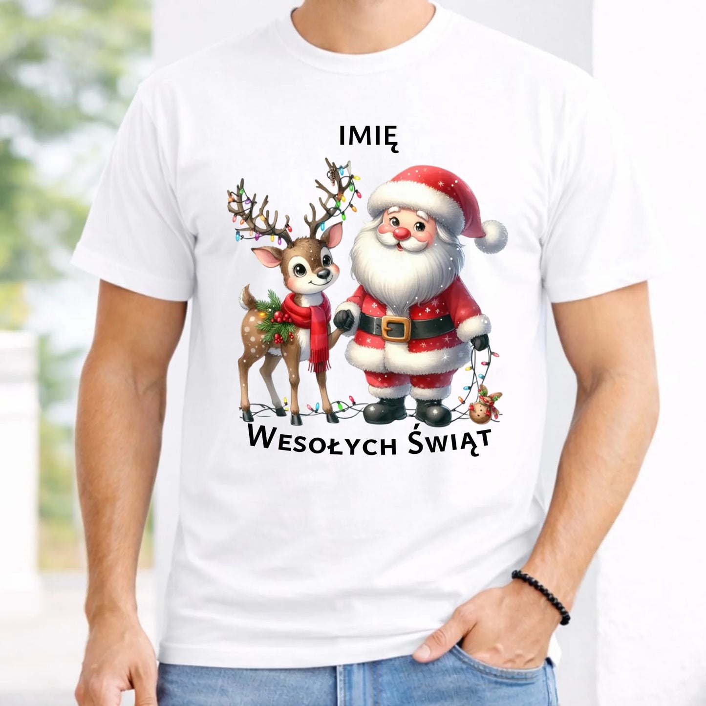 Koszulka męska świąteczna - Mikołaj z reniferem - personalizowana BN09