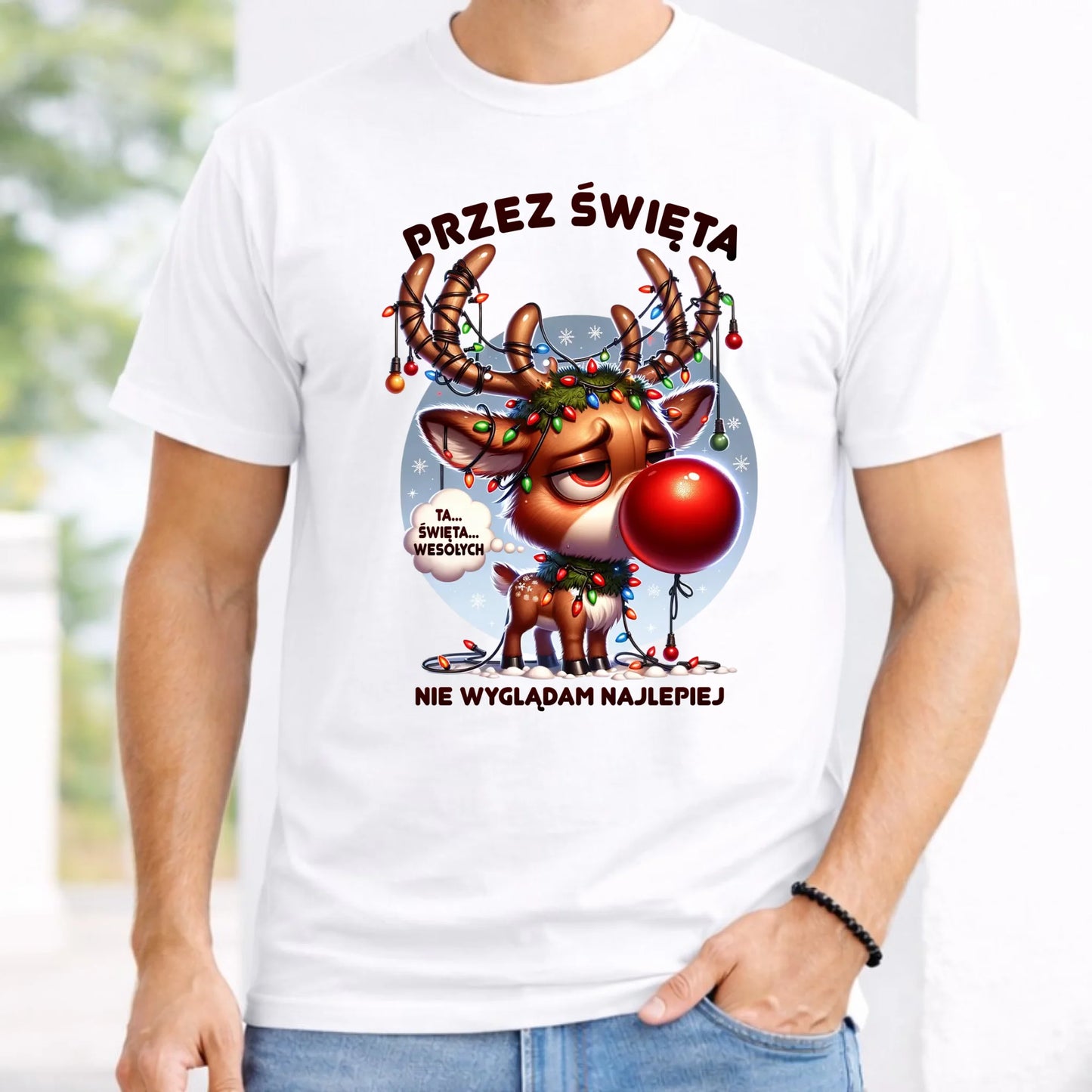 Koszulka męska świąteczna - Renifer Przez święta nie wyglądam najlepiej BN98