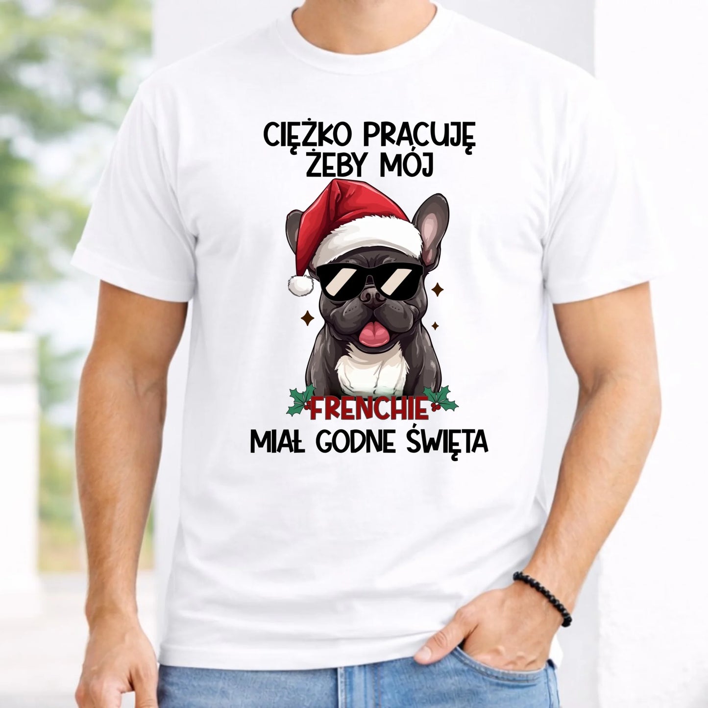 Koszulka męska świąteczna - Buldożek Francuski - Ciężko pracuję, żeby mój frenchie miał godne święta BN109