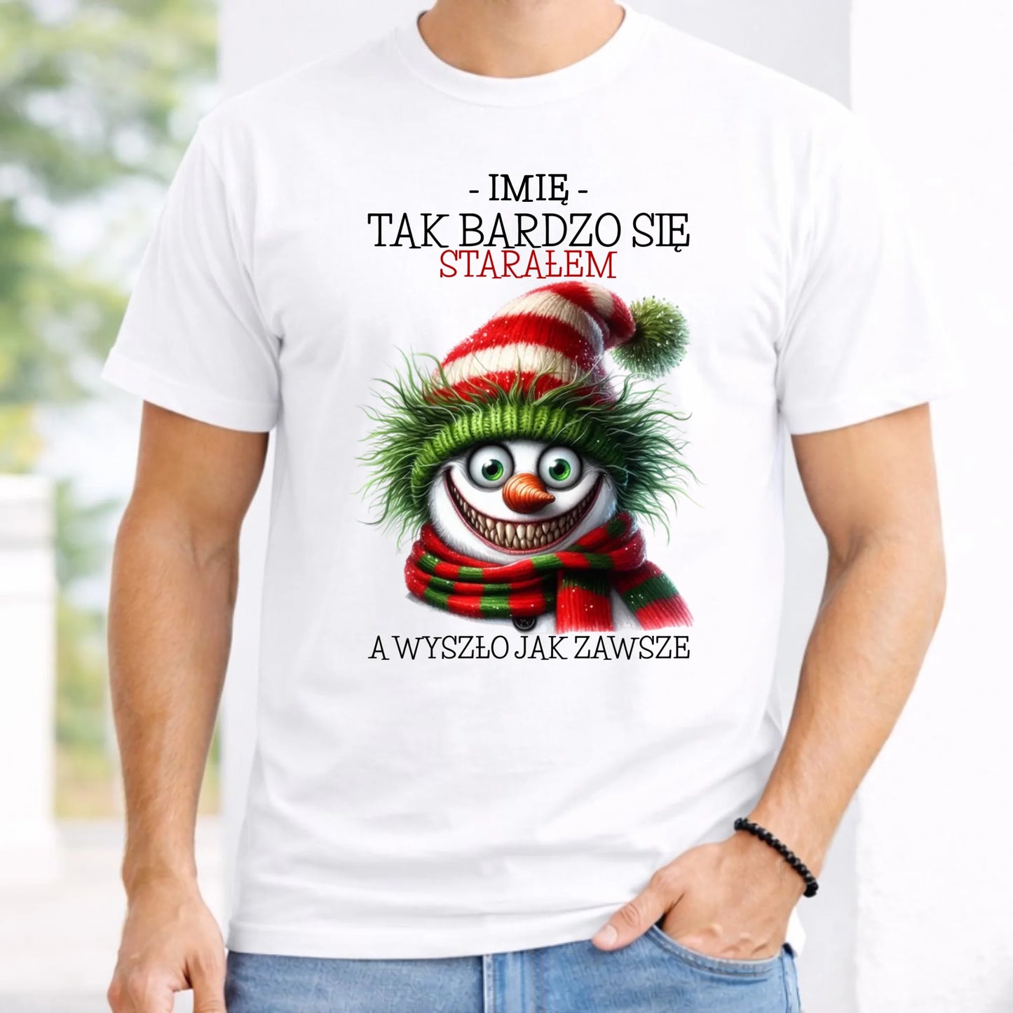 Koszulka męska świąteczna z bałwanem - Tak bardzo się starałem - personalizowana BN120