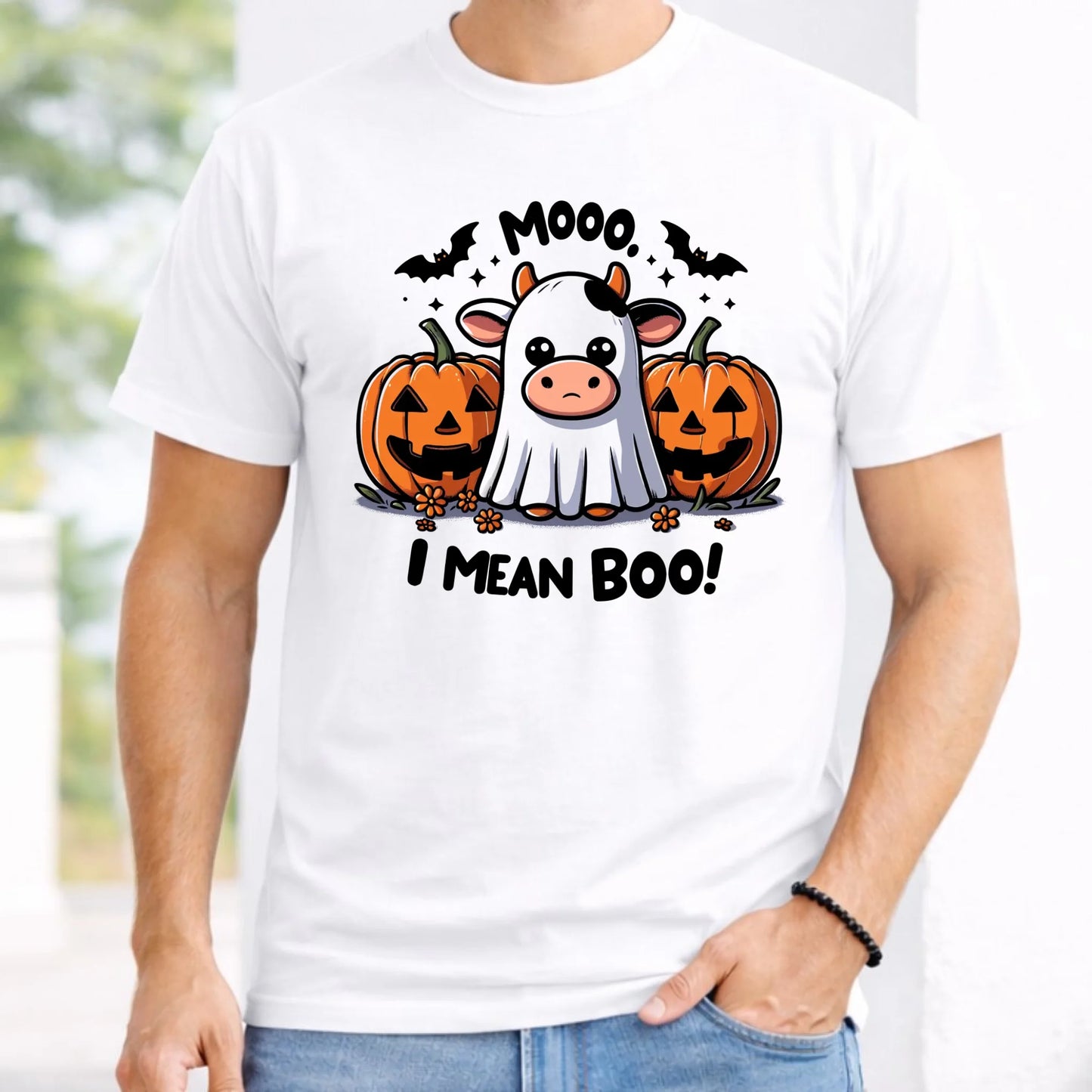 Koszulka męska na Halloween - Mooo I mean Boo! - z dynią i duchem HL14