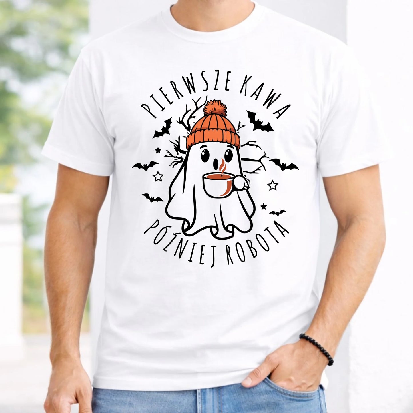 Koszulka męska halloweenowa - Duch z kawą - Pierwsze kawa później robota HL01