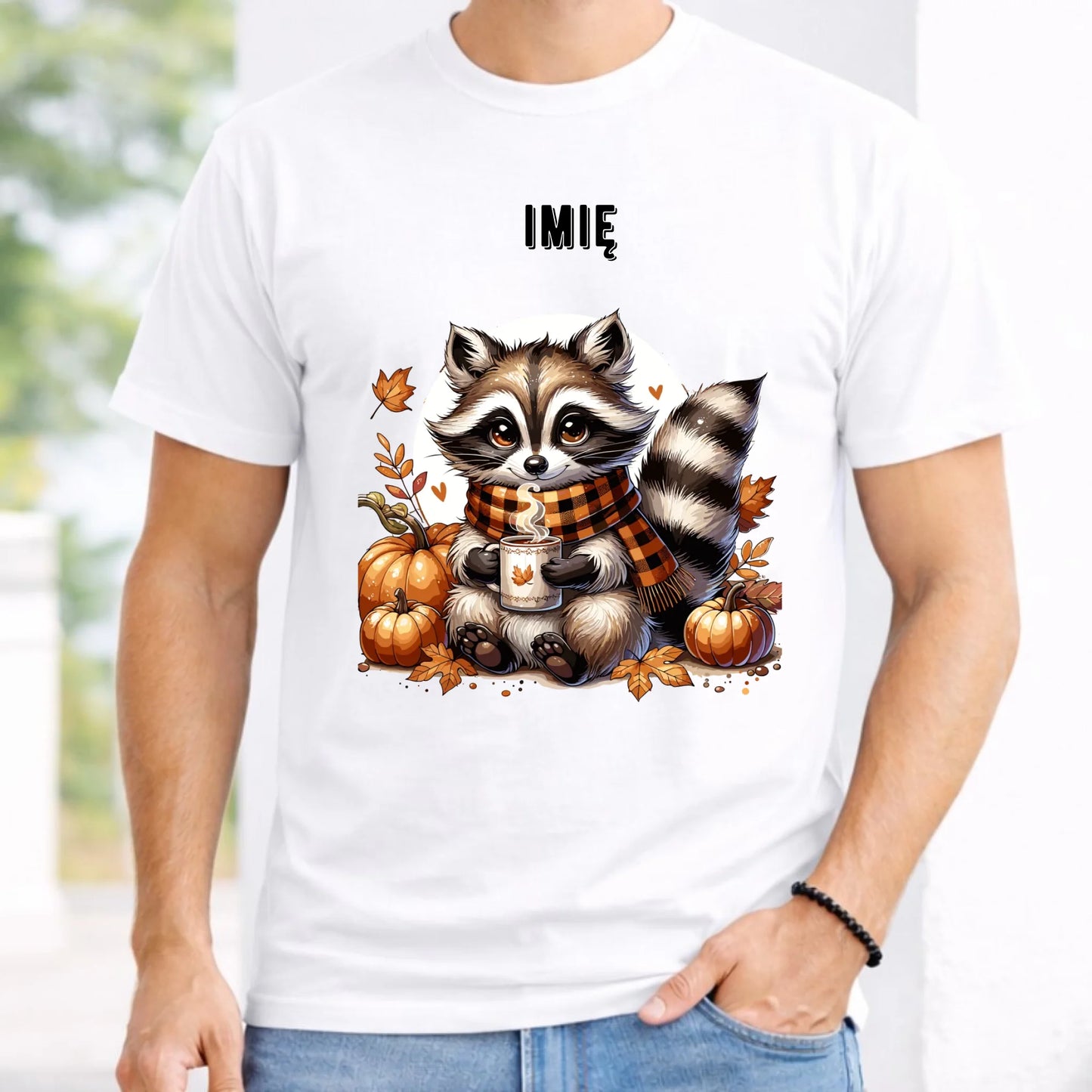 Koszulka męska jesienna – Szop z kawą i dyniami - personalizowana JS16