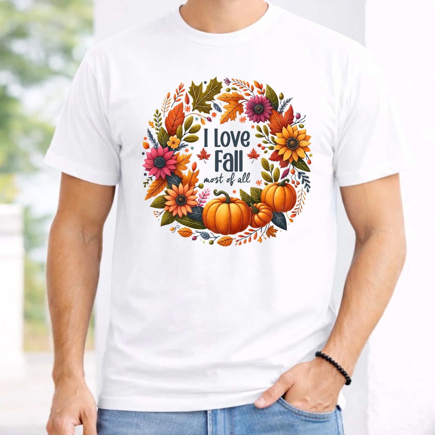 Koszulka męska jesienna - Kocham jesień - dynia z liśćmi JS03