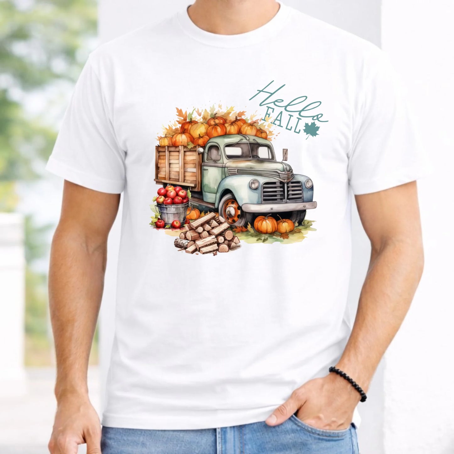 Koszulka męska jesienna – Hello Fall ciężarówka z dyniami JS08