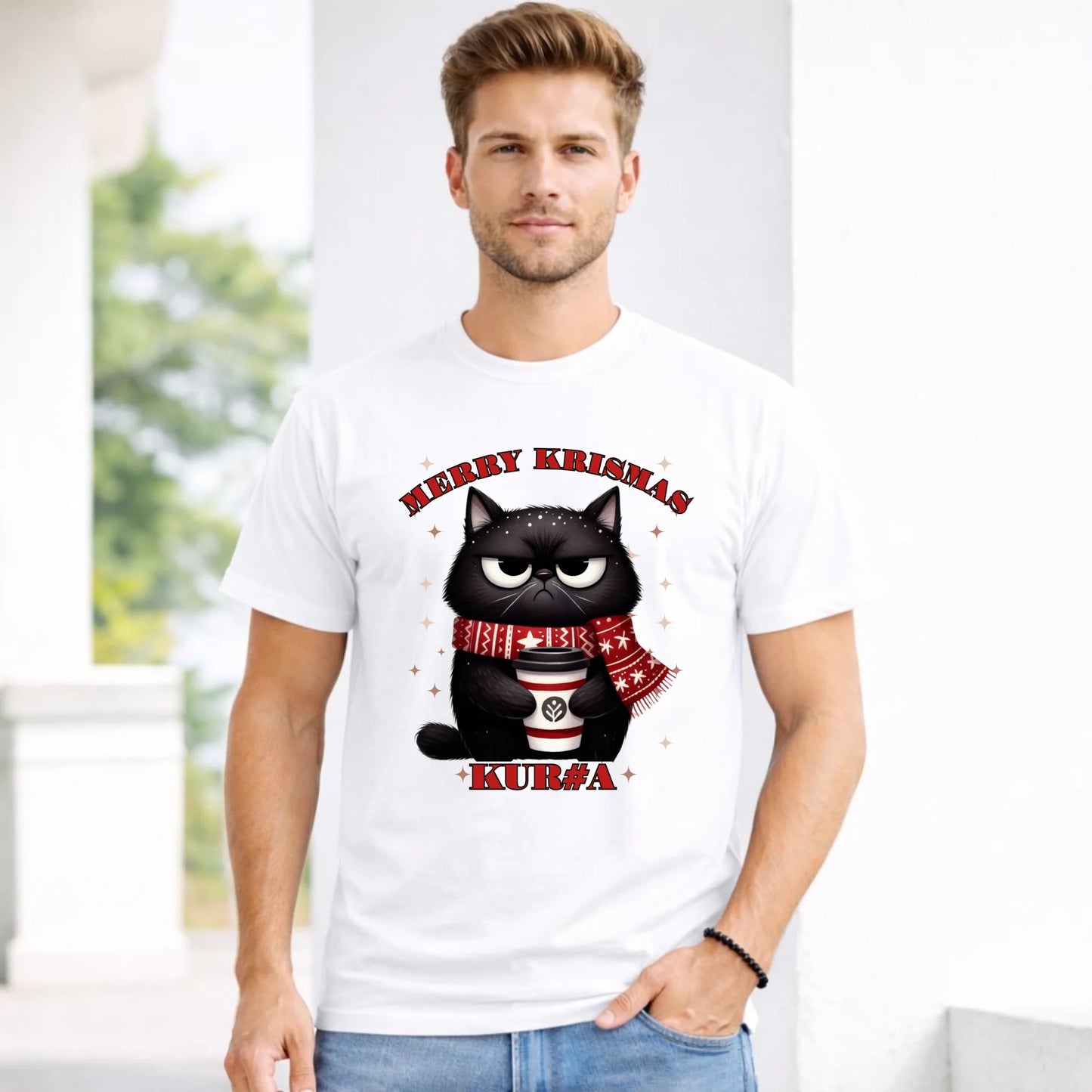 Koszulka męska świąteczna - Zburczany kot Merry Krismas kur#a - bez cenzury BN34