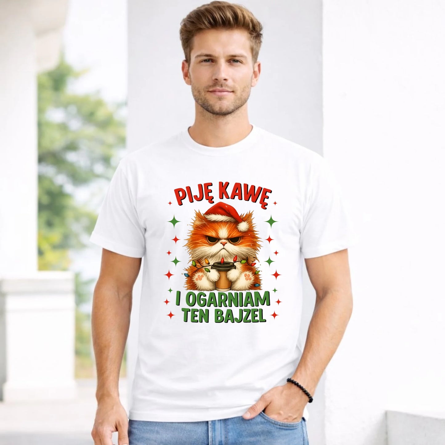 Koszulka męska świąteczna - Kot Piję kawę i ogarniam ten bajzel BN39