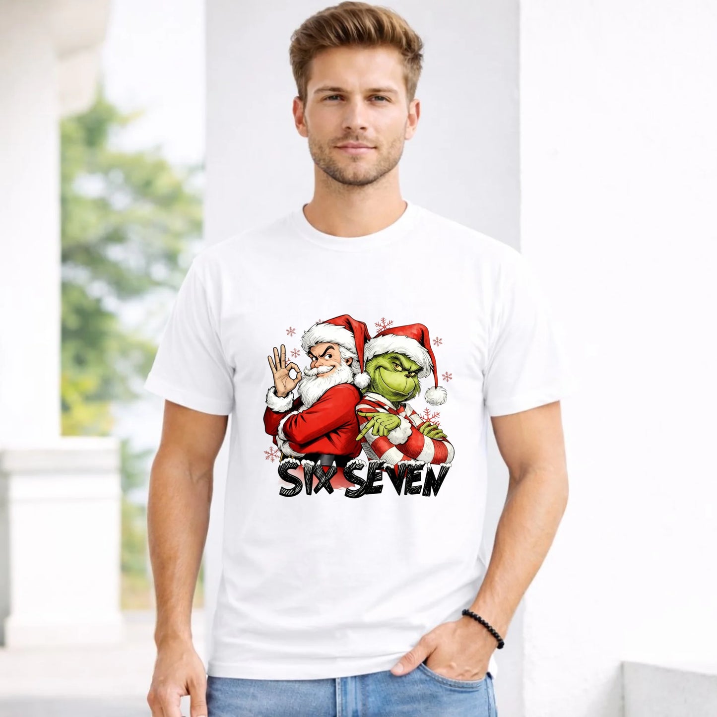 Koszulka męska świąteczna - Mikołaj i Grinch six seven 67 BN148