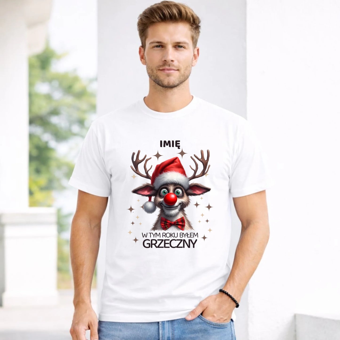 Koszulka męska świąteczna - Renifer W tym roku byłem grzeczny - personalizowana BN96