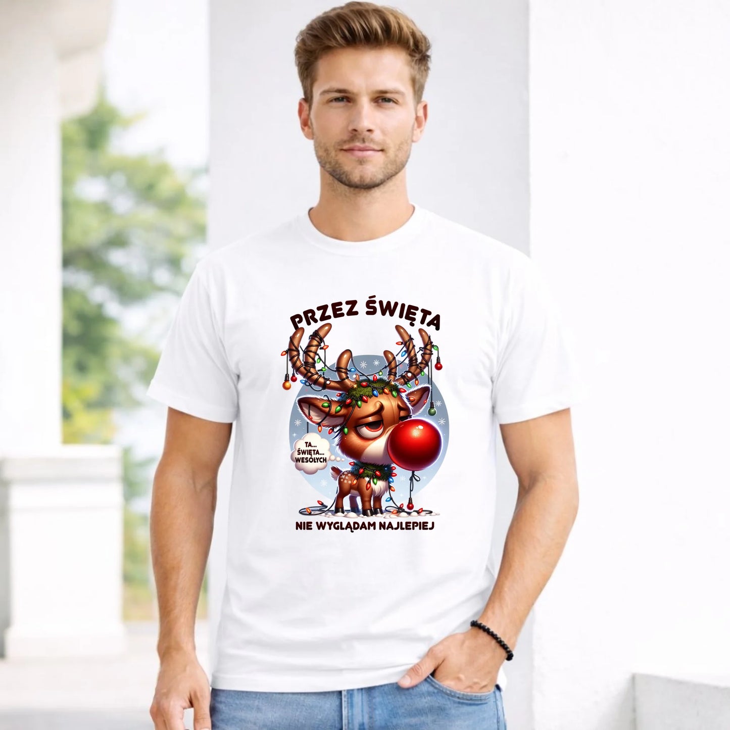 Koszulka męska świąteczna - Renifer Przez święta nie wyglądam najlepiej BN98