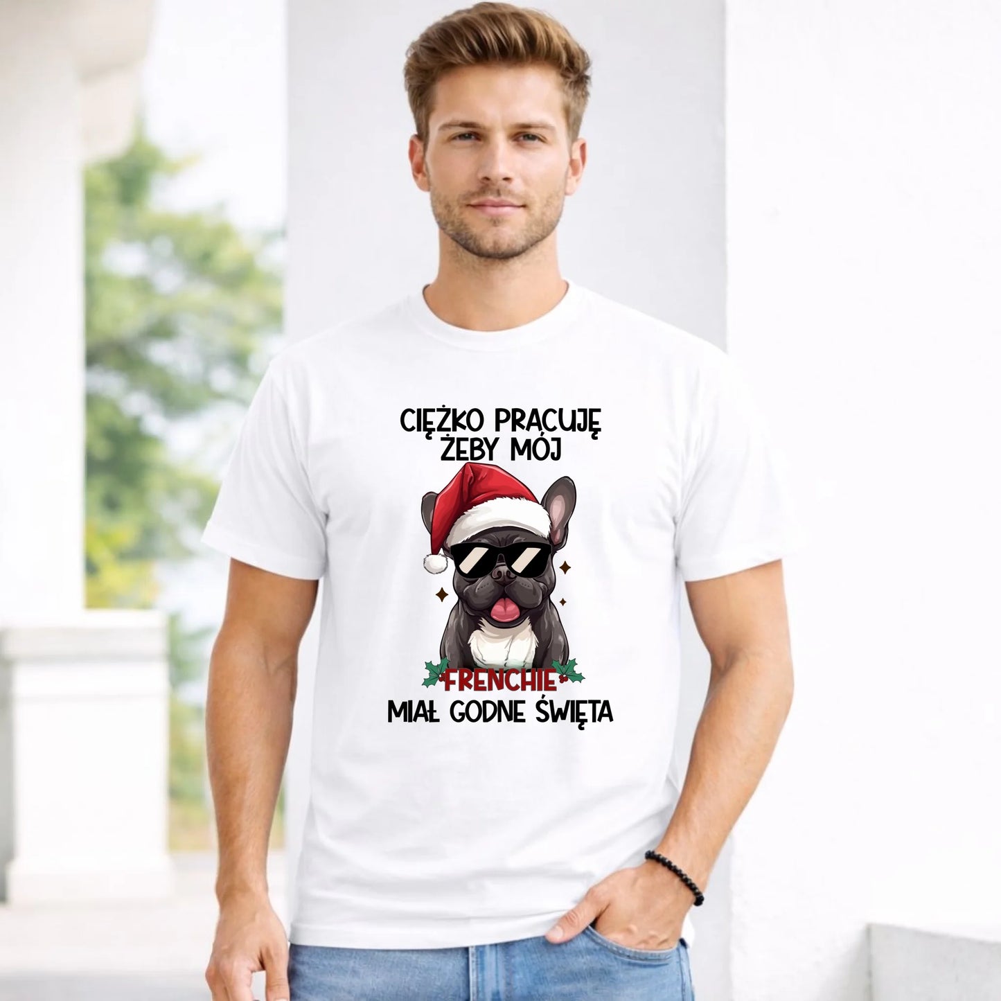 Koszulka męska świąteczna - Buldożek Francuski - Ciężko pracuję, żeby mój frenchie miał godne święta BN109