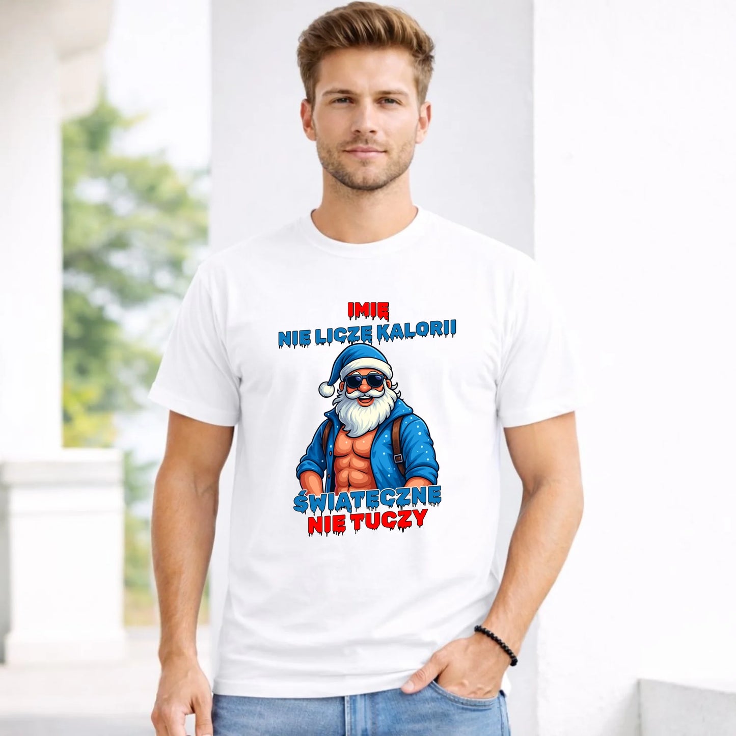 Koszulka męska świąteczna z Mikołajem - Świąteczne nie tuczy - personalizowana BN118