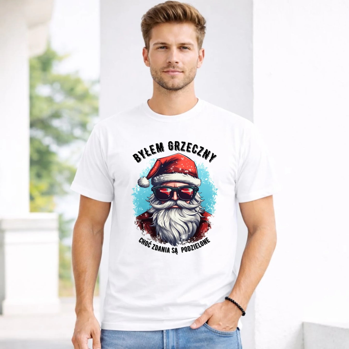 Koszulka męska świąteczna z Mikołajem - Byłem grzeczny, choć zdania są podzielone BN126