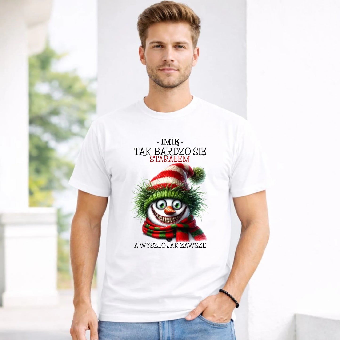 Koszulka męska świąteczna z bałwanem - Tak bardzo się starałem - personalizowana BN120