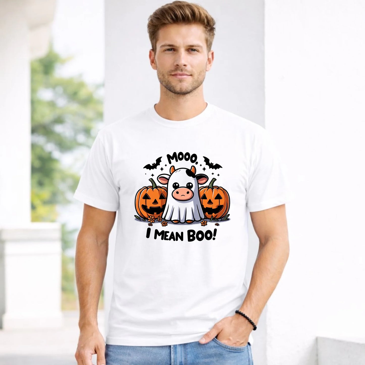 Koszulka męska na Halloween - Mooo I mean Boo! - z dynią i duchem HL14