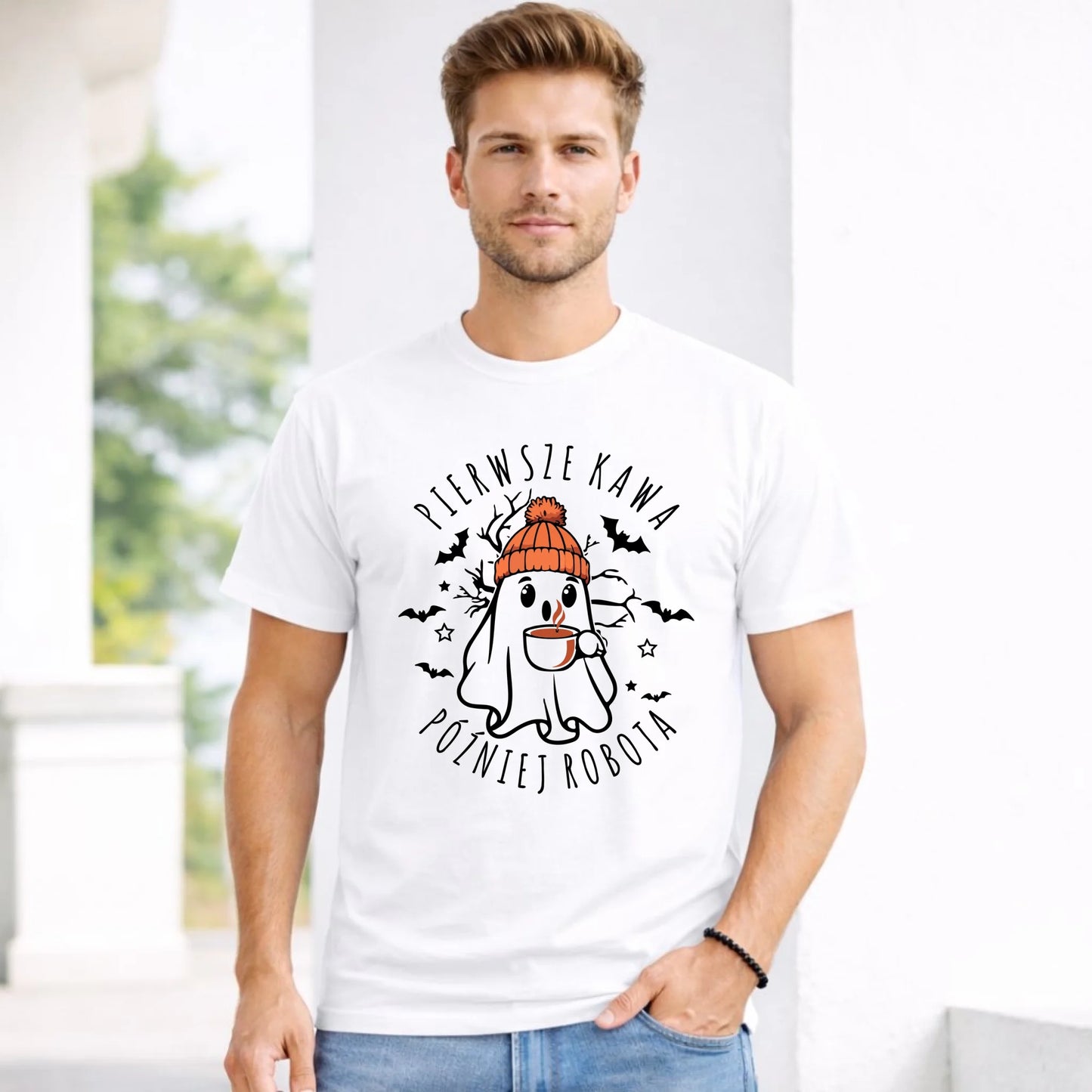 Koszulka męska halloweenowa - Duch z kawą - Pierwsze kawa później robota HL01