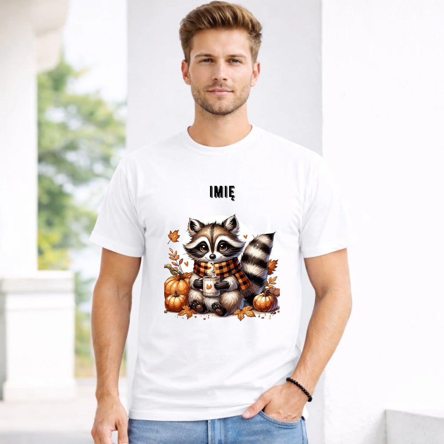 Koszulka męska jesienna – Szop z kawą i dyniami - personalizowana JS16