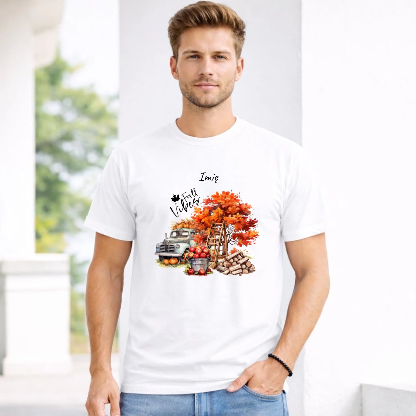 Koszulka męska jesienna – Vintage auto dynie i jabłka – personalizowana JS07