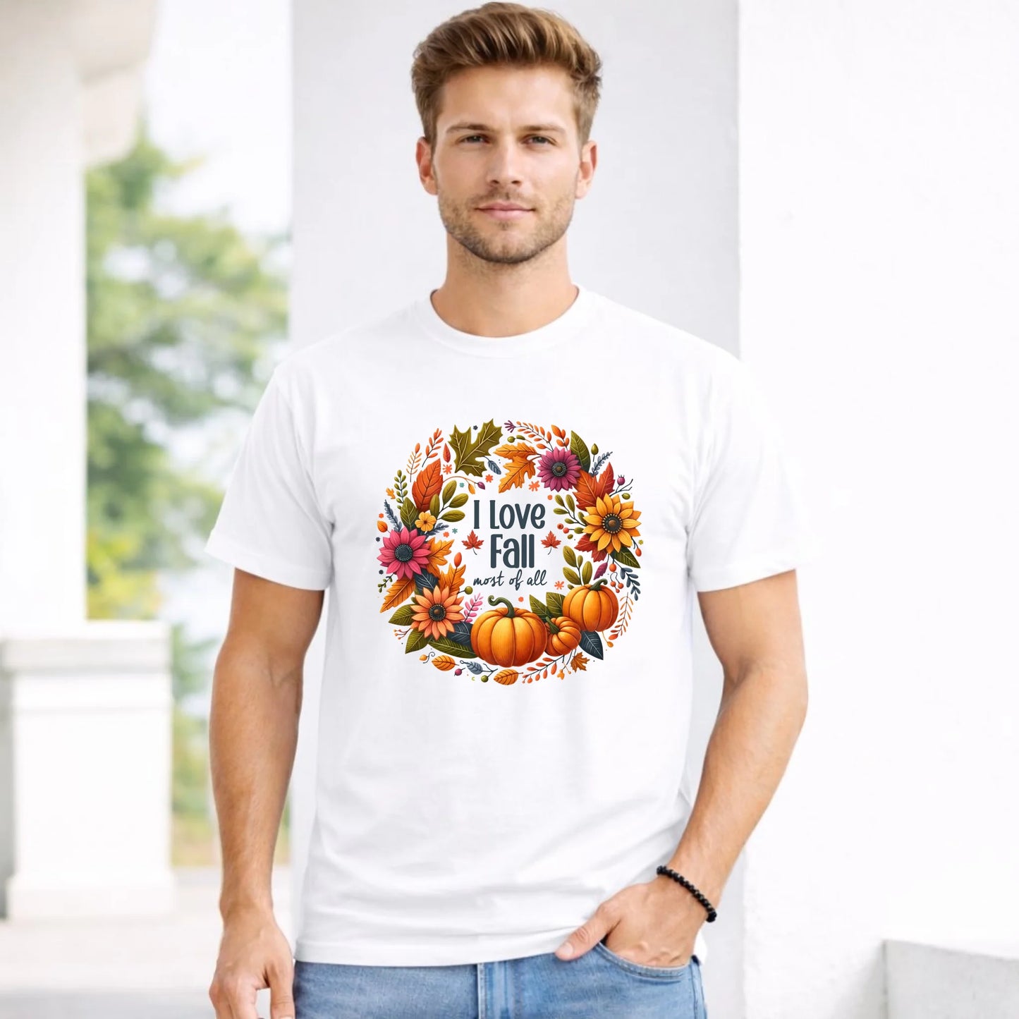 Koszulka męska jesienna - Kocham jesień - dynia z liśćmi JS03