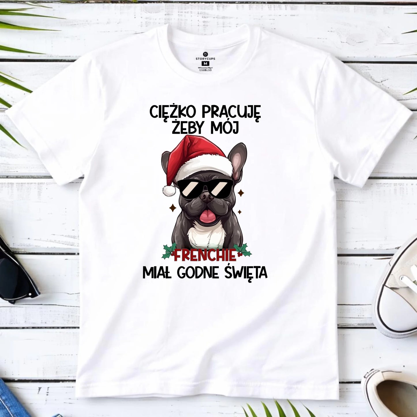 Koszulka męska świąteczna - Buldożek Francuski - Ciężko pracuję, żeby mój frenchie miał godne święta BN109