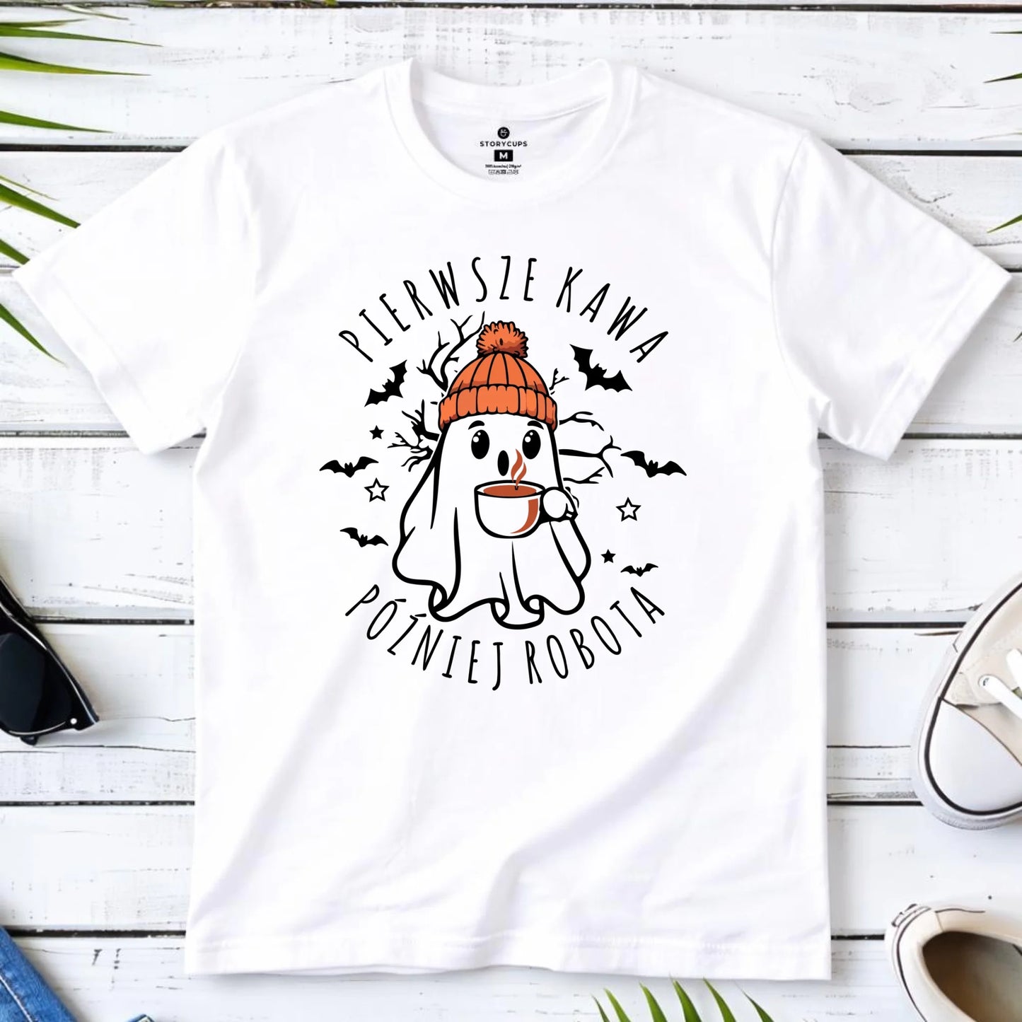 Koszulka męska halloweenowa - Duch z kawą - Pierwsze kawa później robota HL01