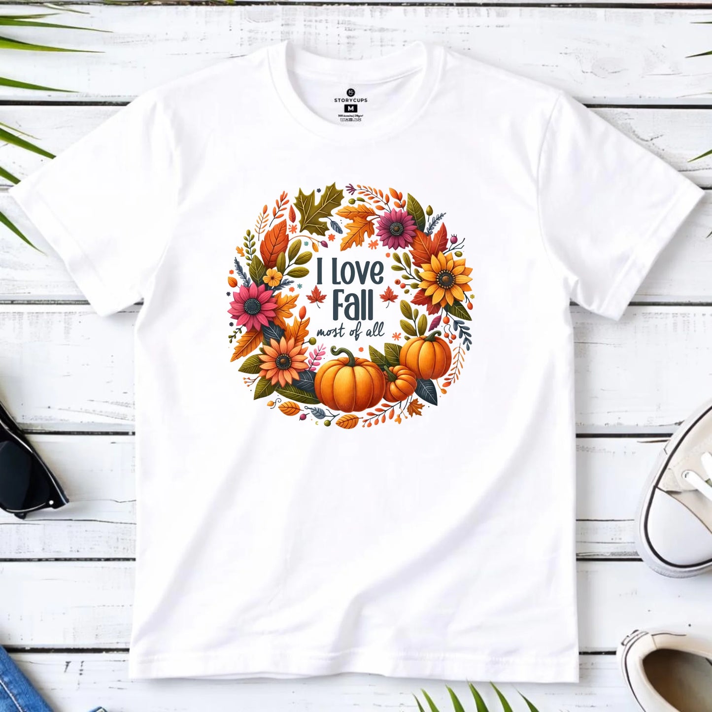 Koszulka męska jesienna - Kocham jesień - dynia z liśćmi JS03