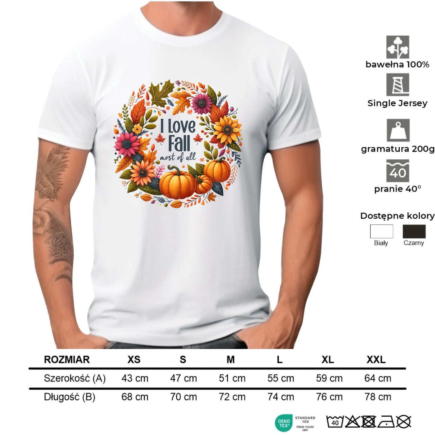 Koszulka męska jesienna - Kocham jesień - dynia z liśćmi JS03