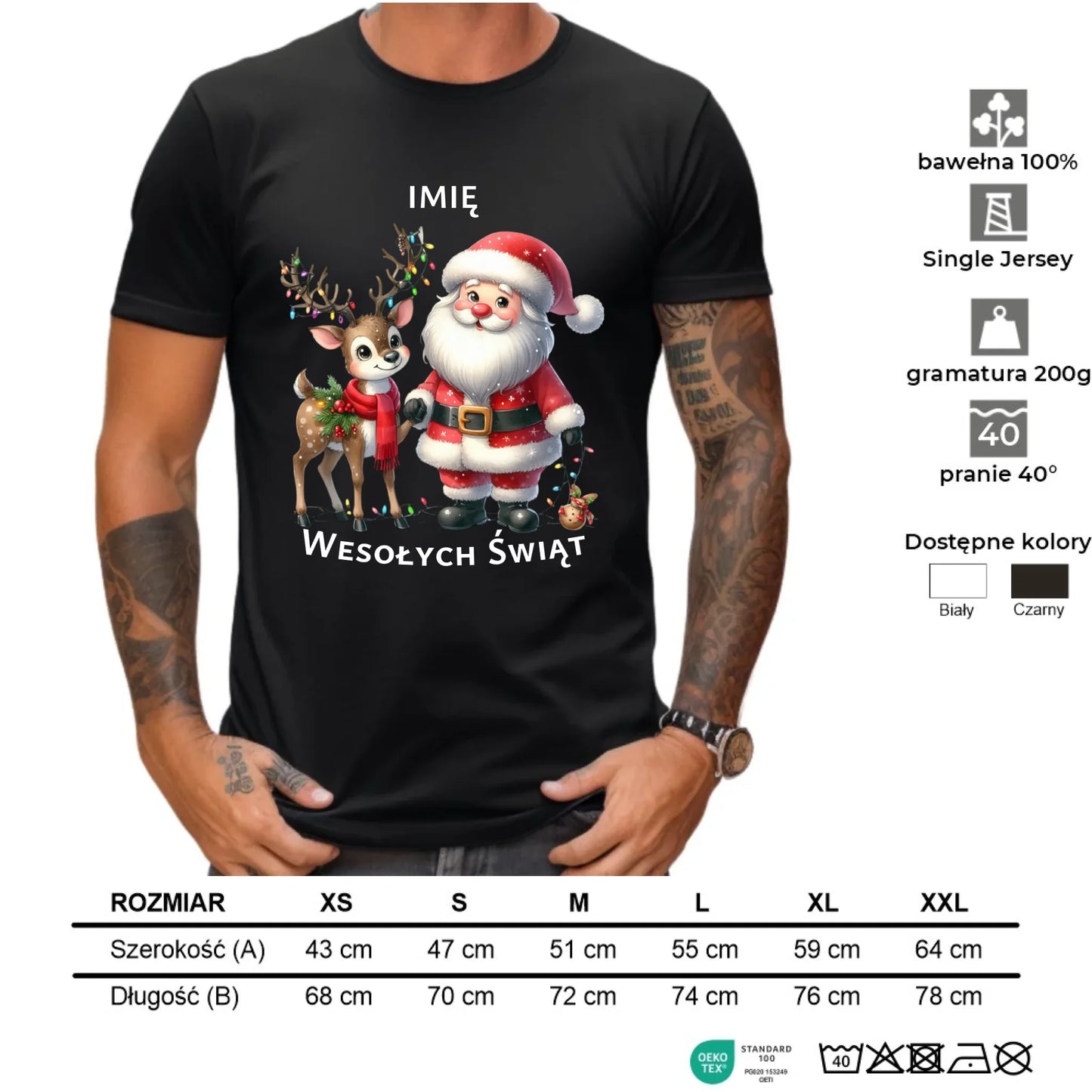 Koszulka męska świąteczna - Mikołaj z reniferem - personalizowana BN09