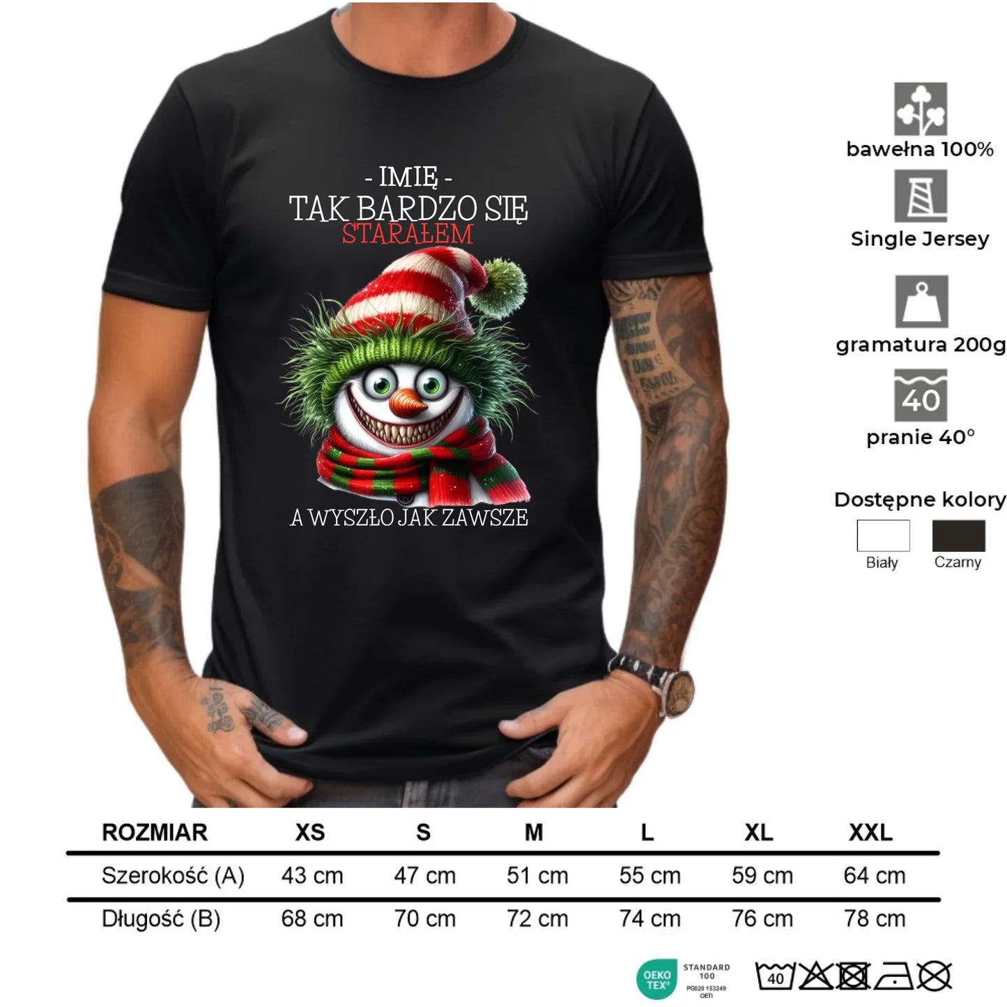 Koszulka męska świąteczna z bałwanem - Tak bardzo się starałem - personalizowana BN120