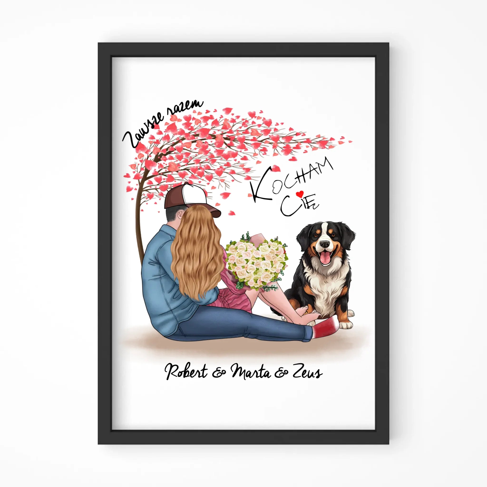 Plakat w ramie dla par + Berneńczyk - Zawsze razem - personalizowany W04A - StoryCups.pl