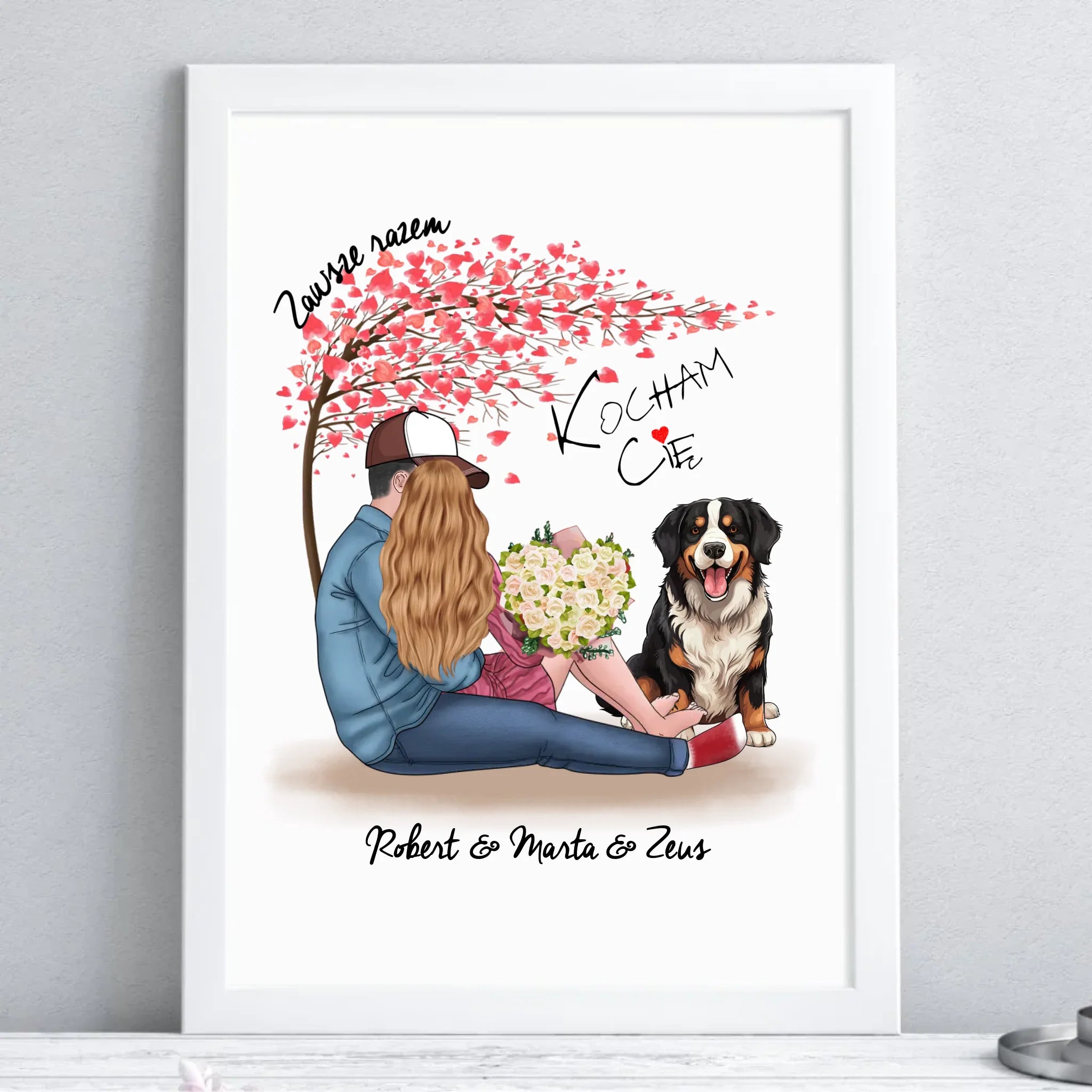Plakat w ramie dla par + Berneńczyk - Zawsze razem - personalizowany W04A - StoryCups.pl