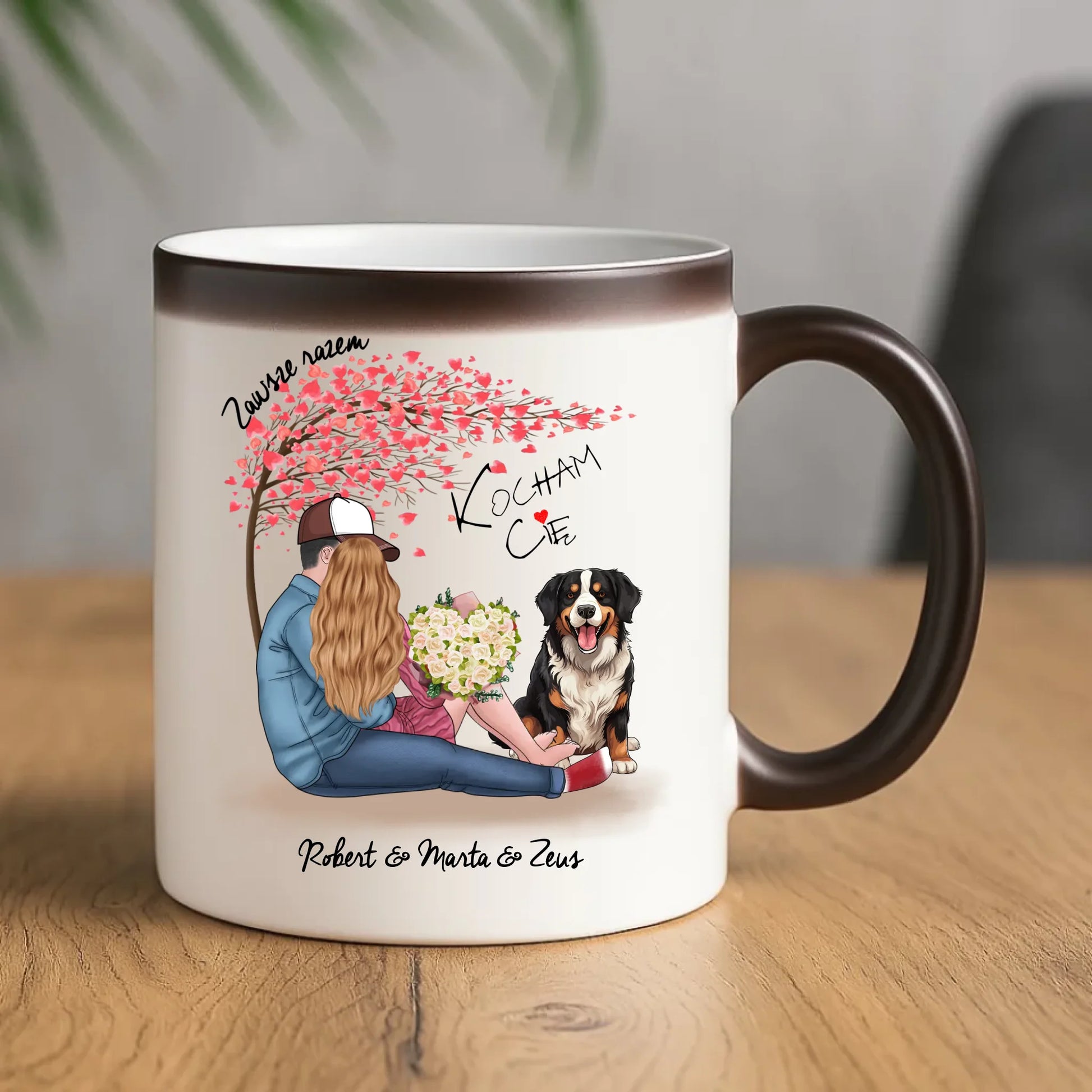 Kubek magiczny dla par + Berneńczyk - Zawsze razem - personalizowany W04A - StoryCups.pl