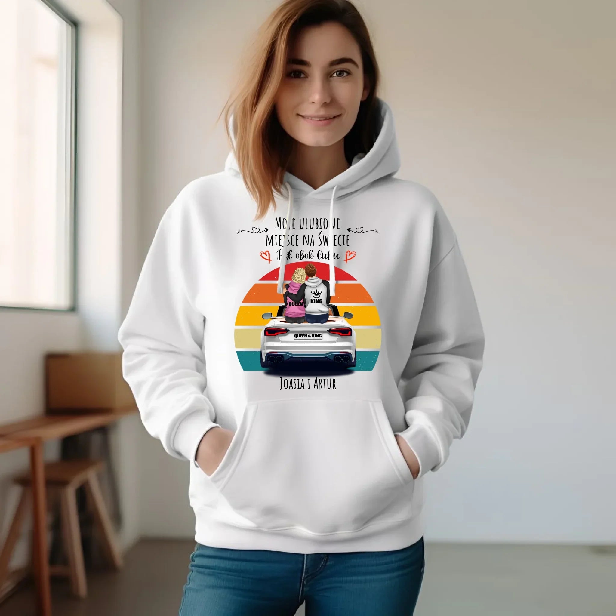 Bluza damska z kapturem dla par - Moje ulubione miejsce - personalizowana W06 - StoryCups.pl
