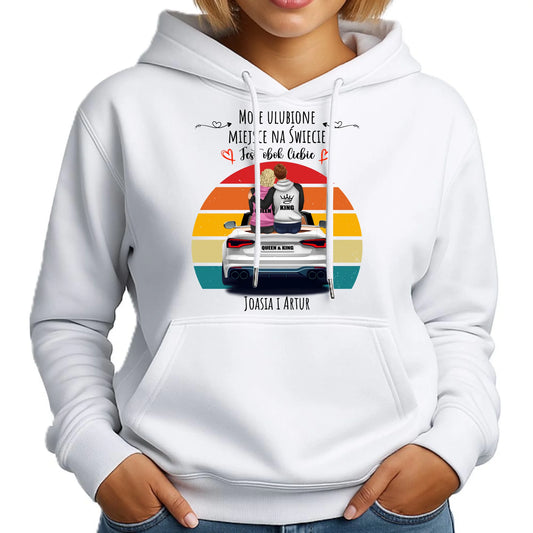 Bluza damska z kapturem dla par - Moje ulubione miejsce - personalizowana W06 - StoryCups.pl