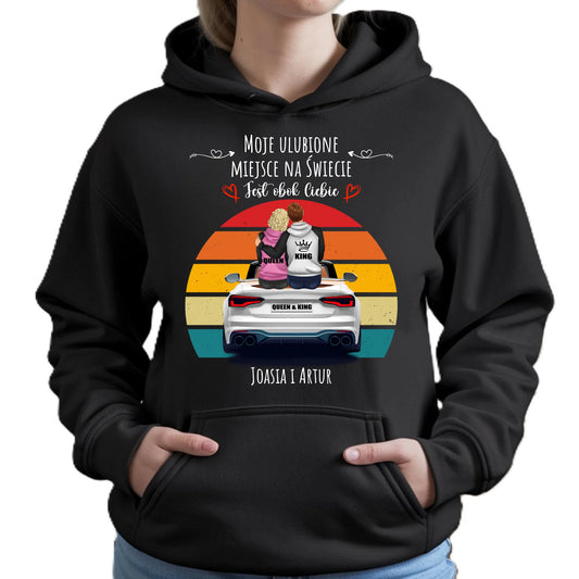 Bluza damska z kapturem dla par - Moje ulubione miejsce - personalizowana W06 - StoryCups.pl