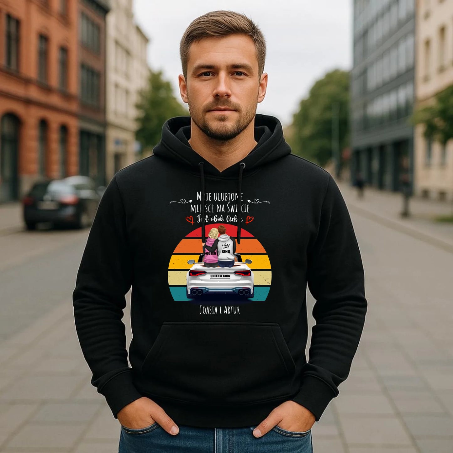 Bluza męska z kapturem dla par - Moje ulubione miejsce - personalizowana W06 - StoryCups.pl
