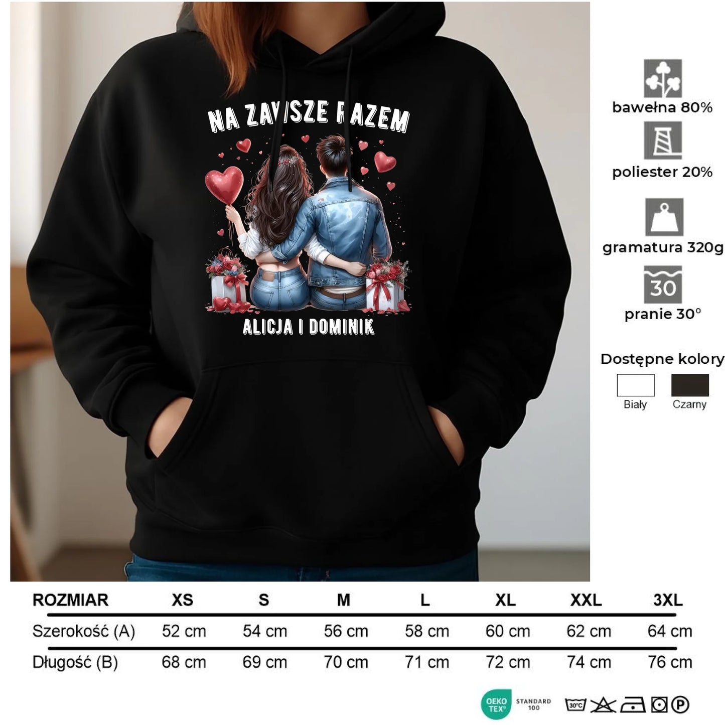 Bluza damska z kapturem dla par - Na zawsze razem - personalizowana W07 - StoryCups.pl