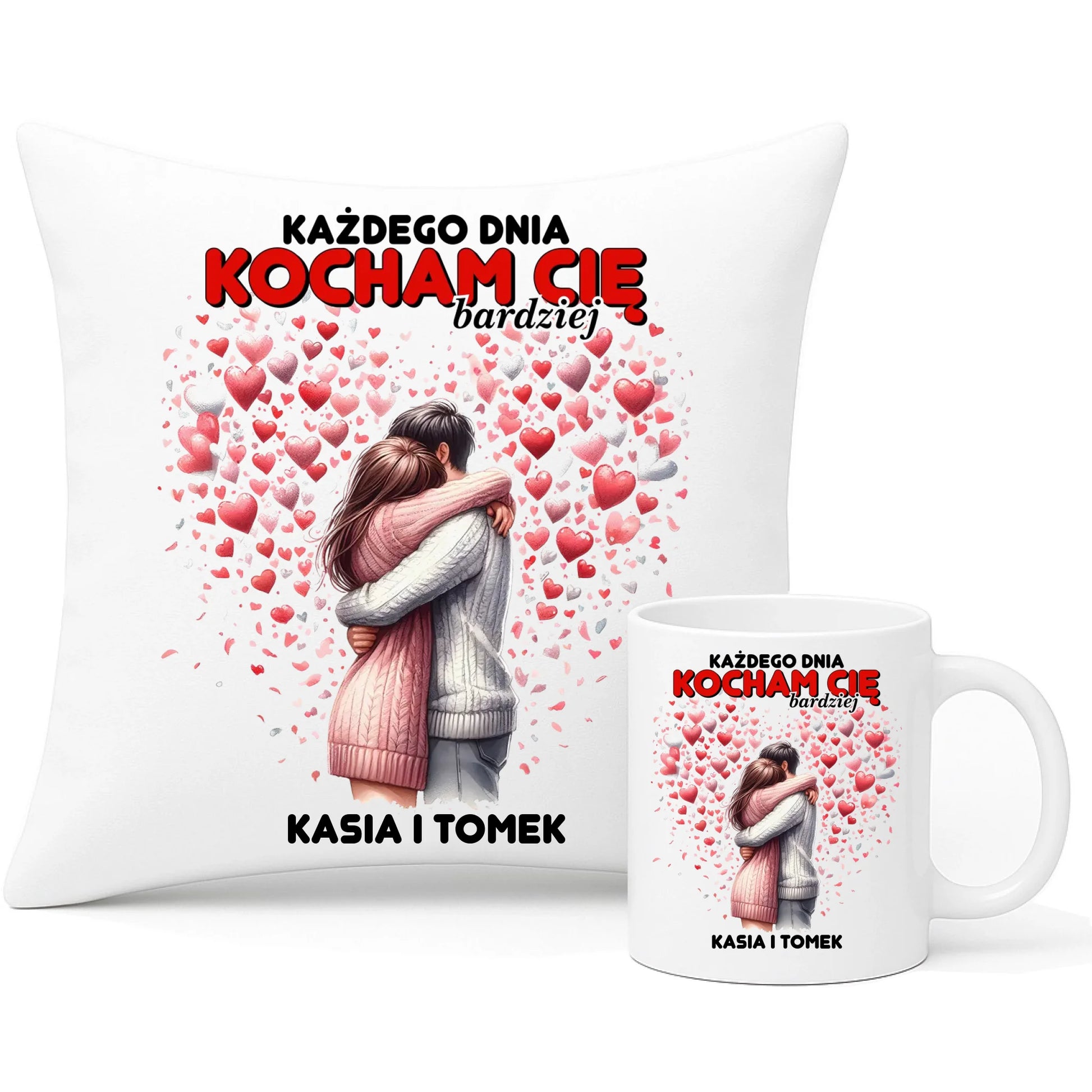 Zestaw poduszka i kubek dla par - Każdego dnia kocham Cię bardziej - personalizowany W09 - StoryCups.pl