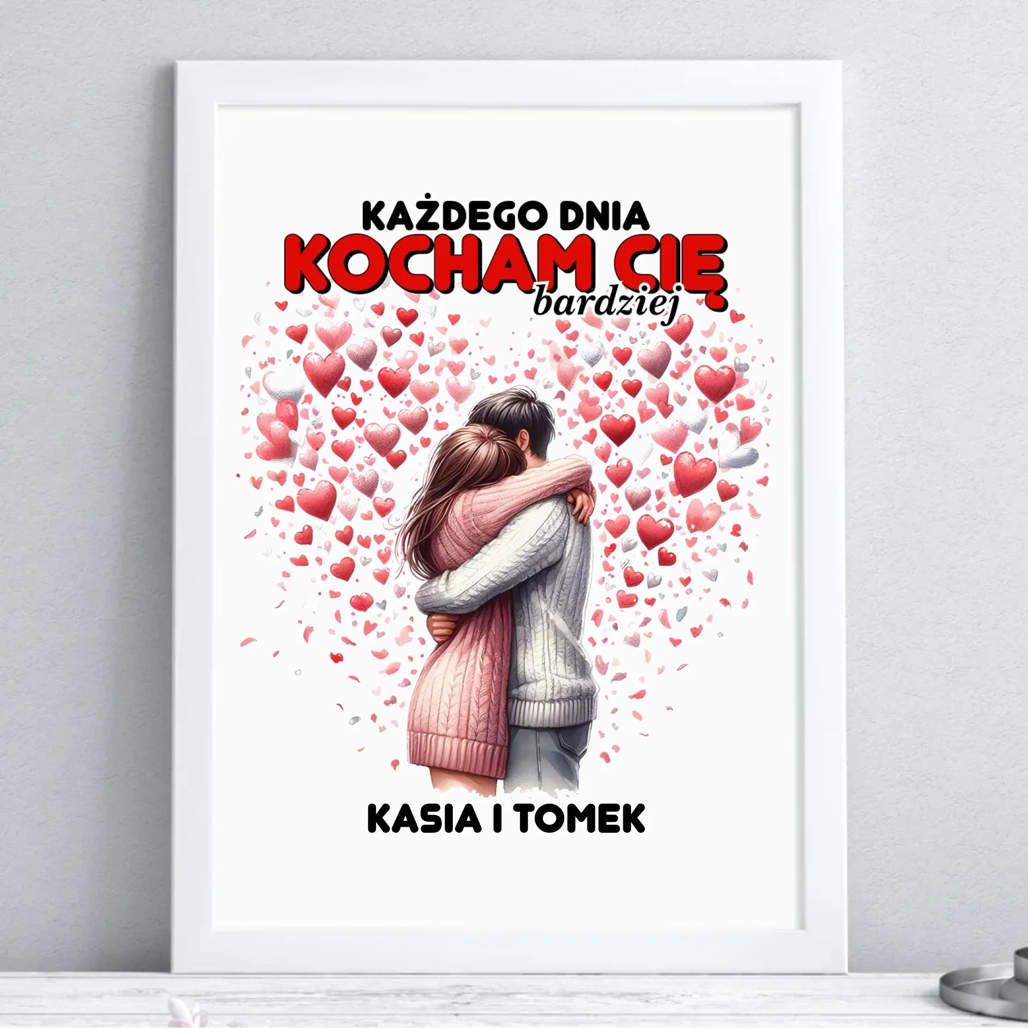 Plakat w ramie dla par - Każdego dnia kocham Cię bardziej - personalizowany W09 - StoryCups.pl