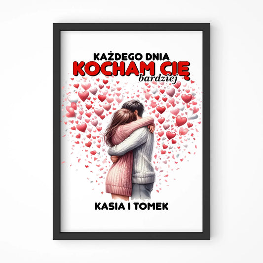 Plakat w ramie dla par - Każdego dnia kocham Cię bardziej - personalizowany W09 - StoryCups.pl
