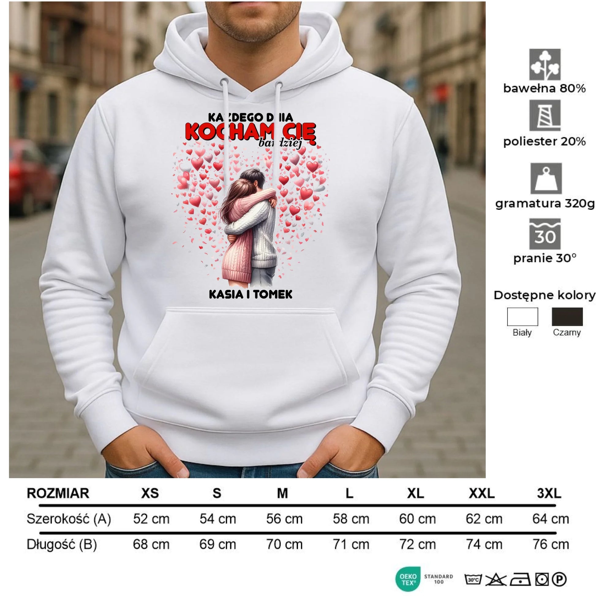 Bluza męska z kapturem dla par - Każdego dnia kocham Cię bardziej - personalizowana W09 - StoryCups.pl
