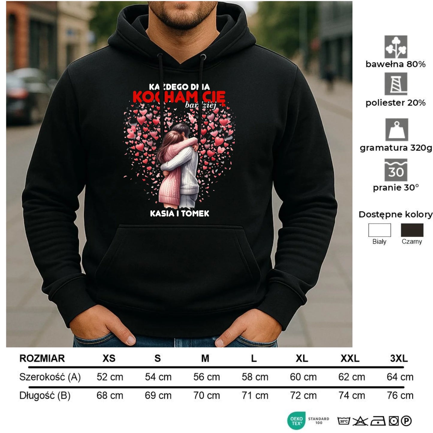 Bluza męska z kapturem dla par - Każdego dnia kocham Cię bardziej - personalizowana W09 - StoryCups.pl