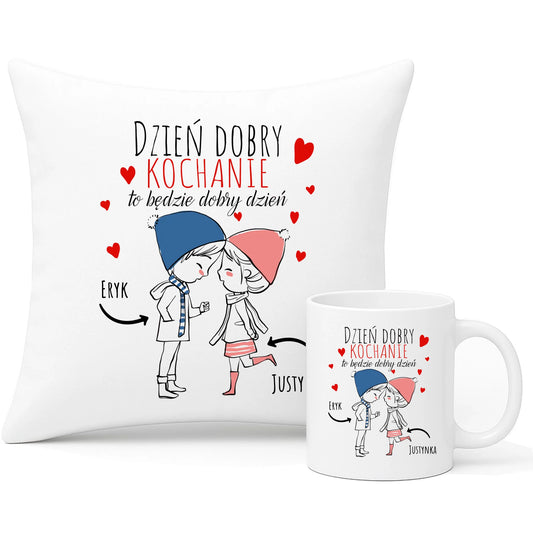 Zestaw poduszka i kubek dla par - Dzień dobry Kochanie - personalizowany W10 - StoryCups.pl